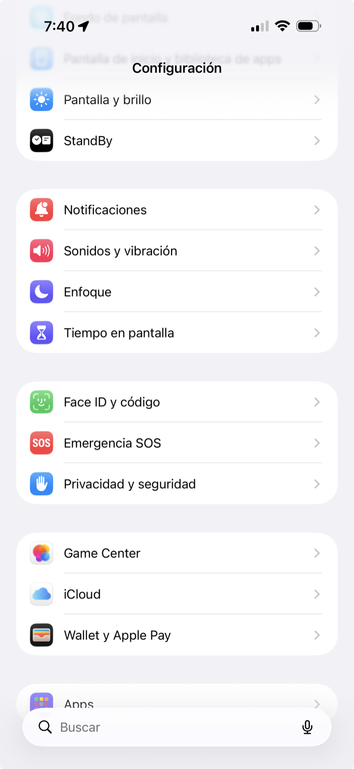 Pantalla de Ajustes del iPhone